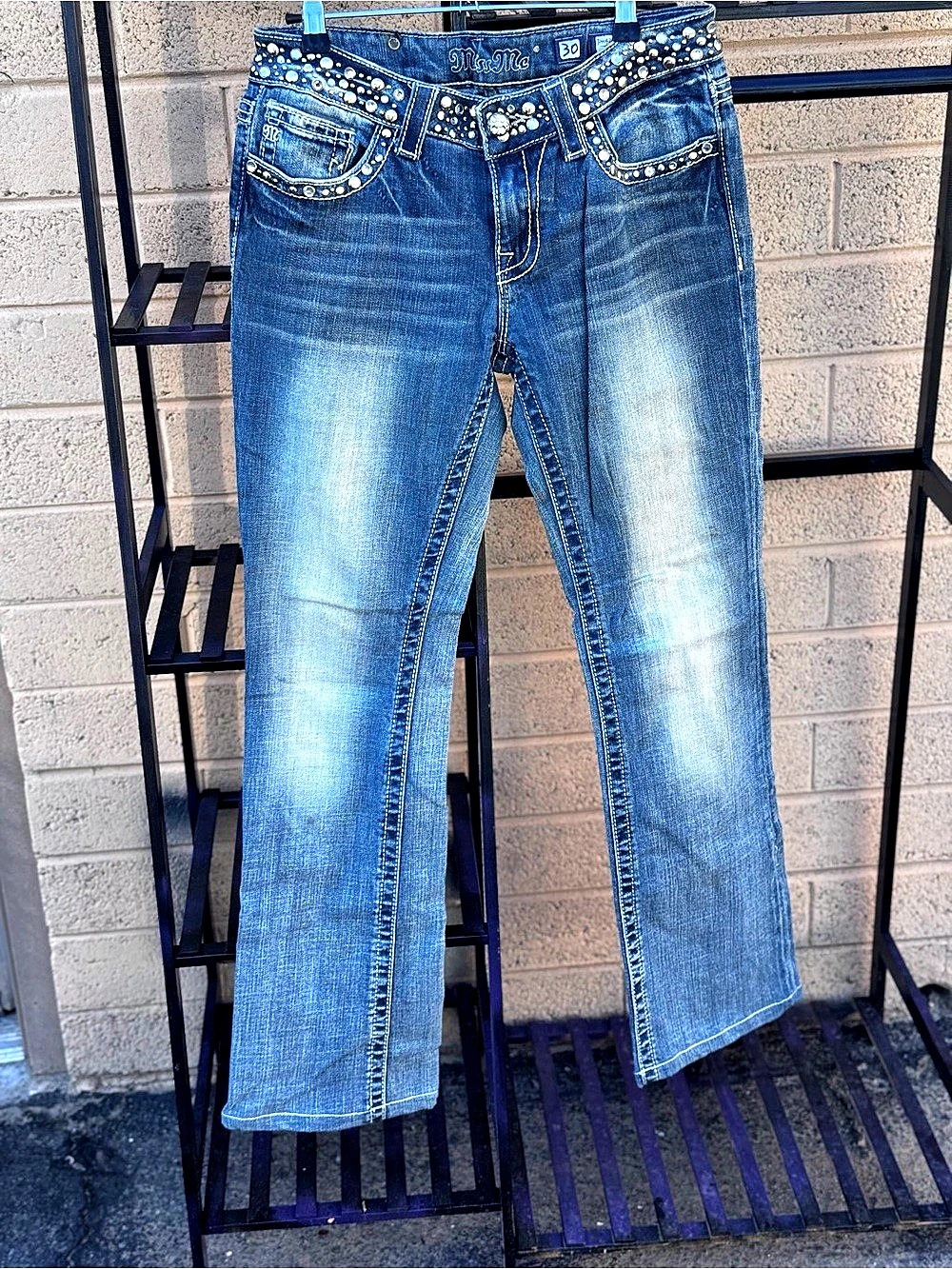 Miss Me Boot Studded Cut Jeans in Blue Waist 30